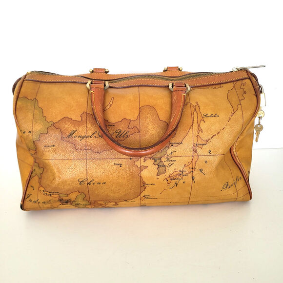 Alviero Martini Vintage Duffle Boston Bag Purse Map Pattern Leather Brown Large - Picture 2 of 16